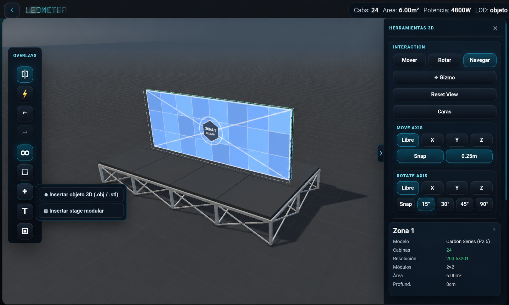 Entorno 3D de LEDMETER con una pantalla LED sobre una tarima modular