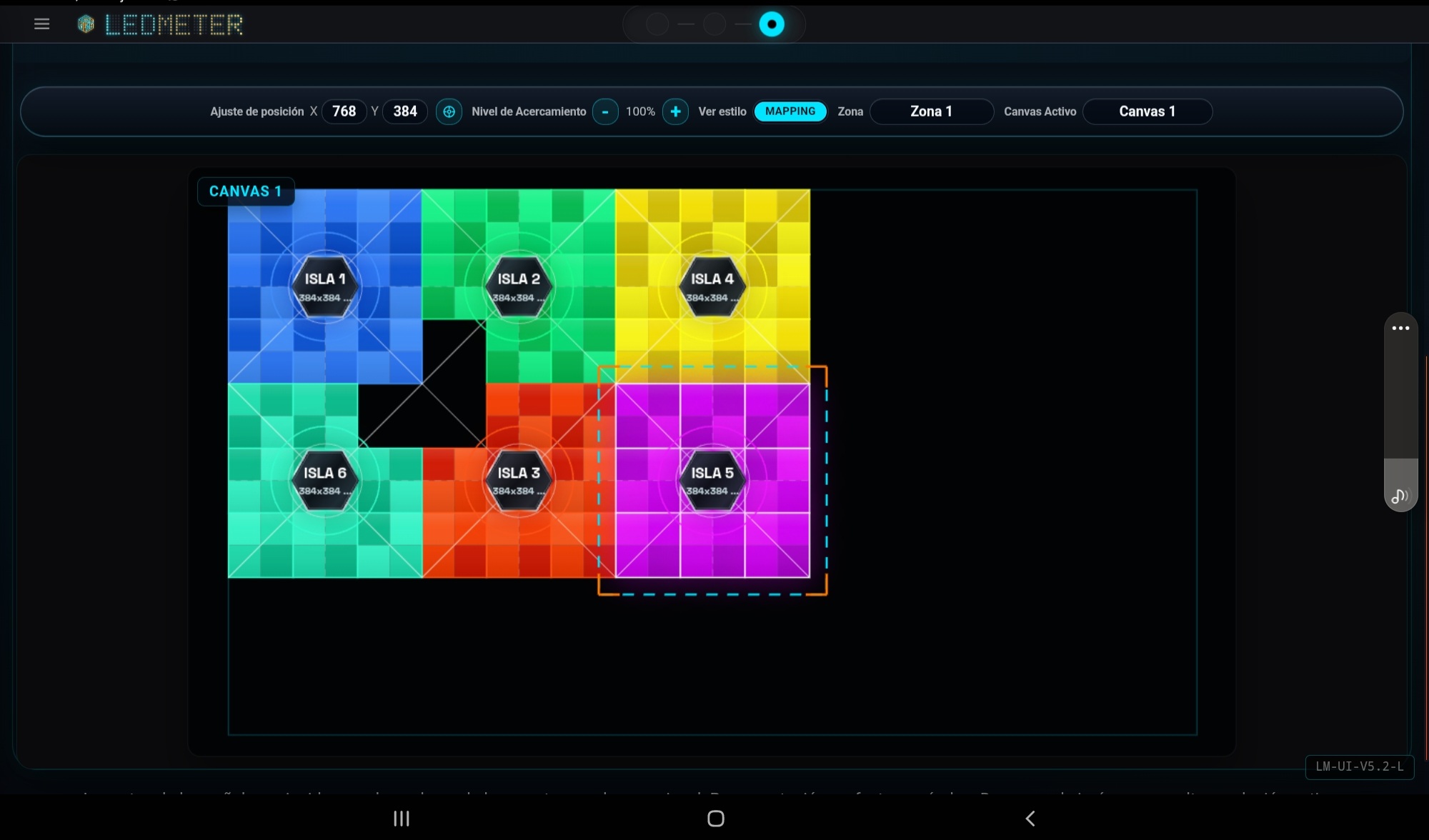 Pixel Mapping Studios mostrando seis islas de pantalla distribuidas en un canvas de colores