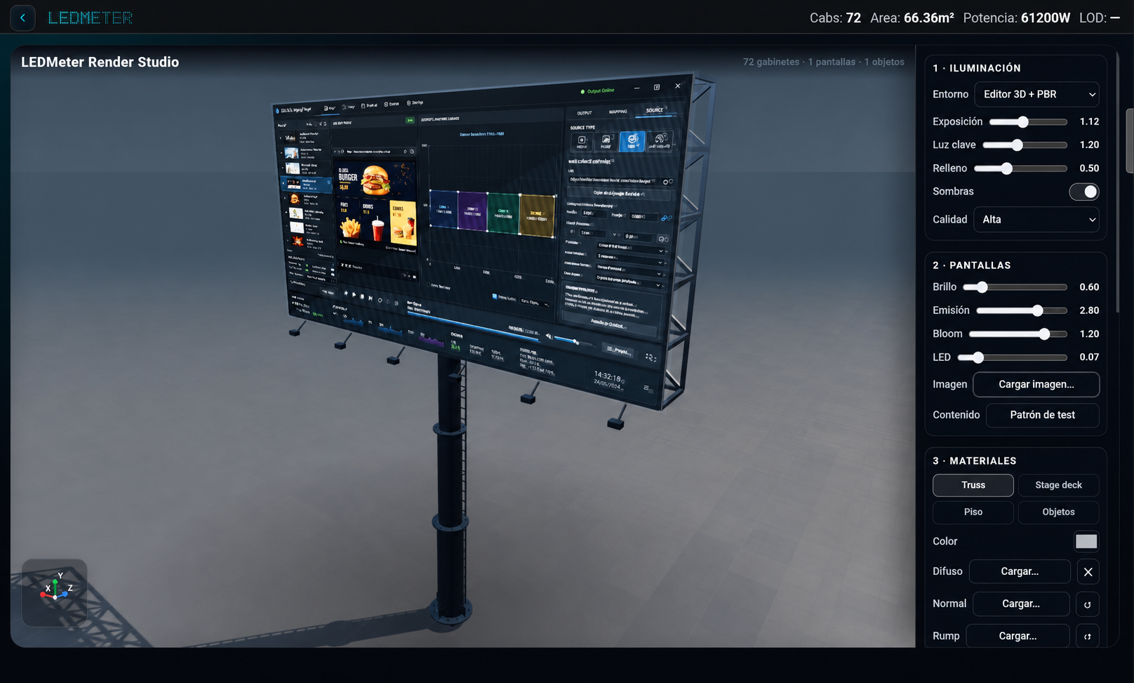 Render Studios de LEDMETER mostrando una valla LED y controles de iluminación, pantallas y materiales PBR